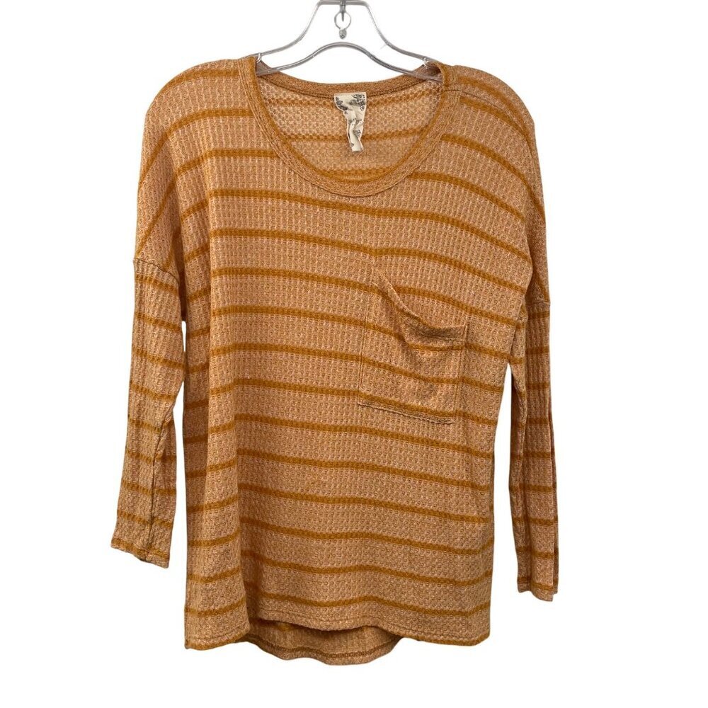 Blu Pepper Womens Striped Top Waffle Knit Long Sleeve Orange Size XS Pockets